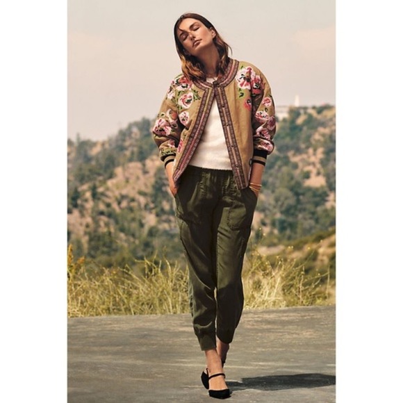 Anthropologie Maeve S Needlepoint Floral Bomber Jacket Honey Boho Festival Brown